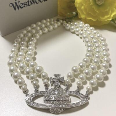 Vivienne Westwood Orb Triplets Pearl Necklace Silver Brass Japan