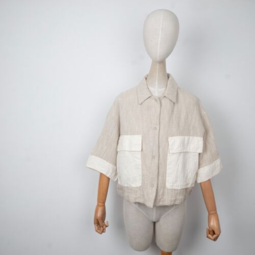 TRANSIT PAR SUCH Women's Lino Cotton Silk Buttons Summer Beige Crop Blazer 3 M/L - Picture 2 of 13