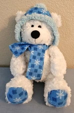 Hugfun International White Snowflake Teddy Bear 18" Plush Blue Hat Scarf Toy