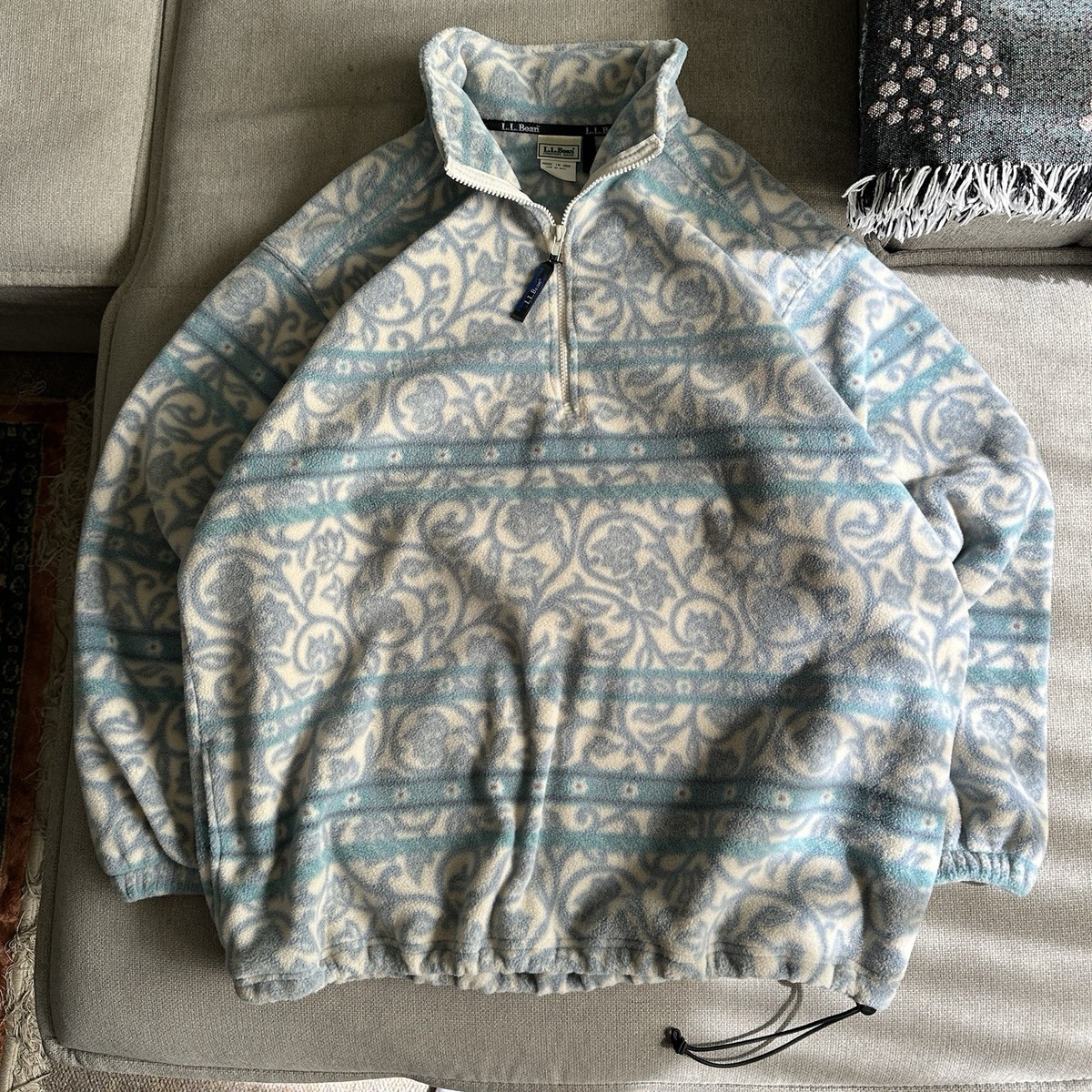 Vintage 90s LL Bean Blue Floral quarter zip Fleece women's size XL