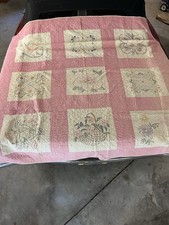 Hand Made Quilt with Embroidery Flowers Circa 1940s