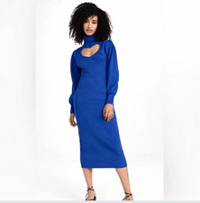 FARM Rio Blue Ribbed Knit Turtleneck Cutout Midi Sweater Dress, XS