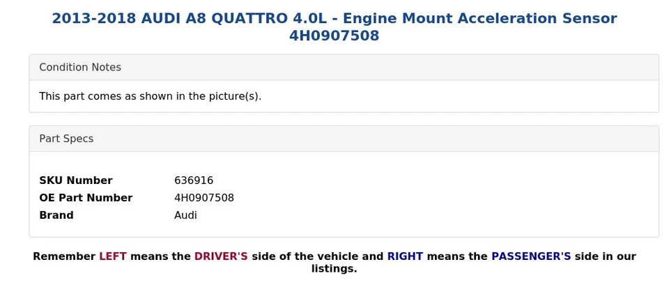 AUDI A8 QUATTRO 2013-2018 4,0 L - Sensor de aceleración de montaje del motor 4H0907508 Foto 3 de 4