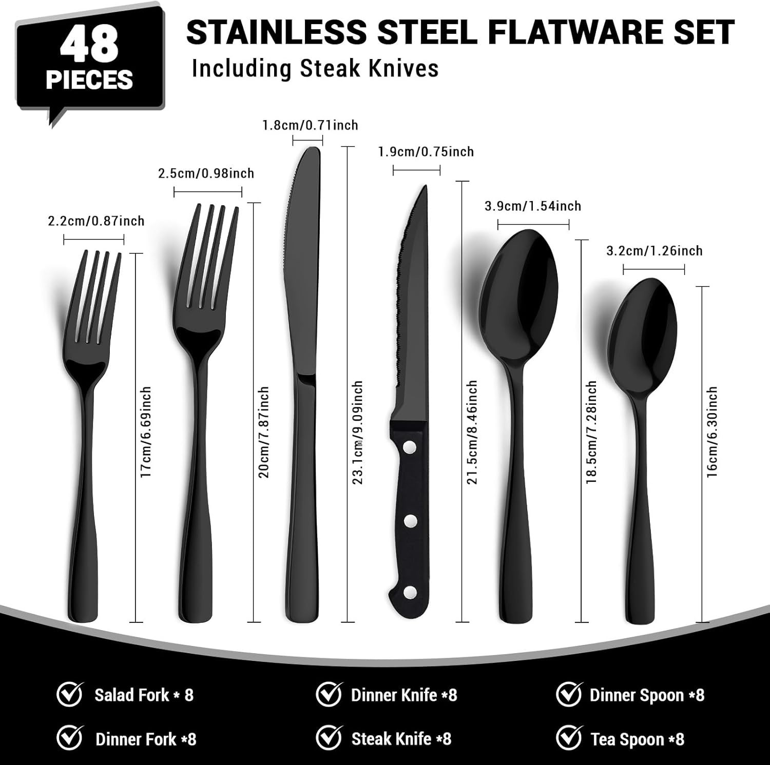 Modern 48-Piece Mirror Polished Flatware Set with Steak Knives - Dishwasher Safe