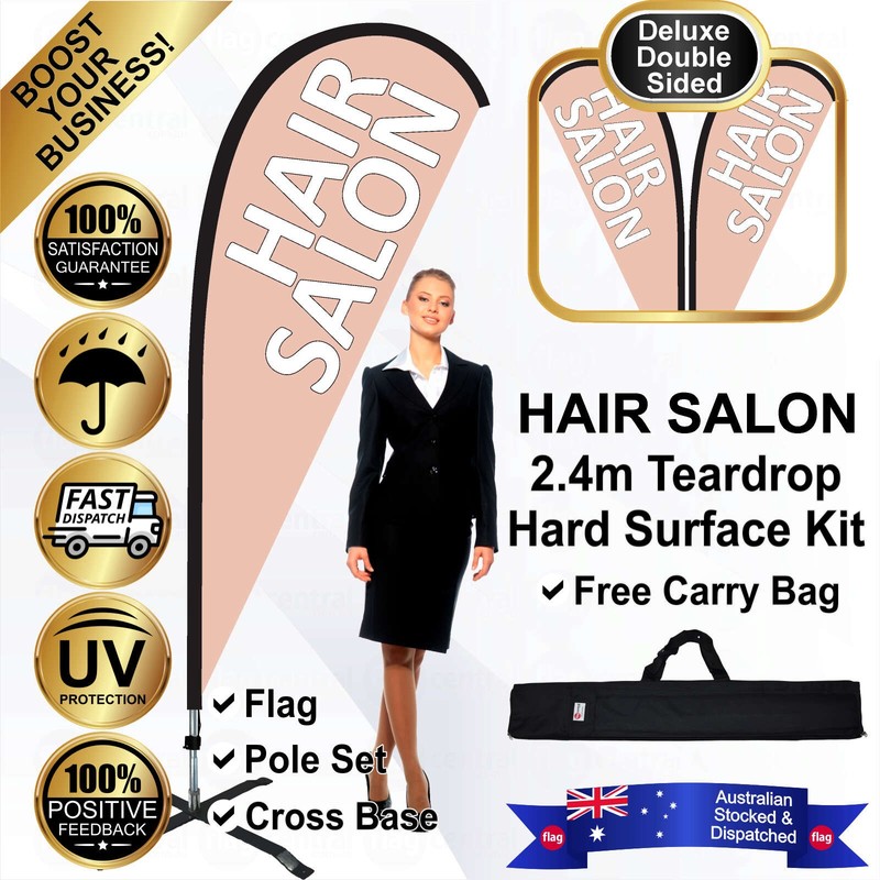 K - HAIR SALON Deluxe Double-Sided Pink 2.4m Teardrop Flag / Banner Kit with Pole Set, Steel Outdoor Cross Base and a Free Carry Bag - 1