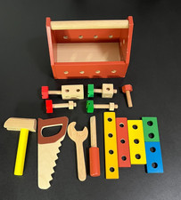 Mentari Chippy's Handy Toolbox w/Tools, Screws, Bolts, Planks 19 Pieces