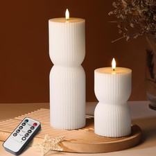 White Ribbed Flameless Pillar Candles with Remote Set of 2 White