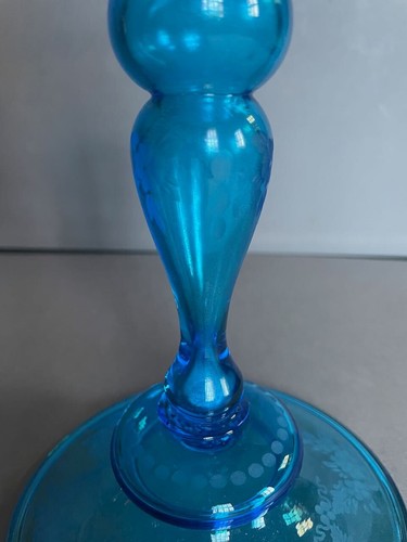 1920s Steuben RARE engraved Celeste Blue hand-blown art glass candlestick 10" - Picture 3 of 11