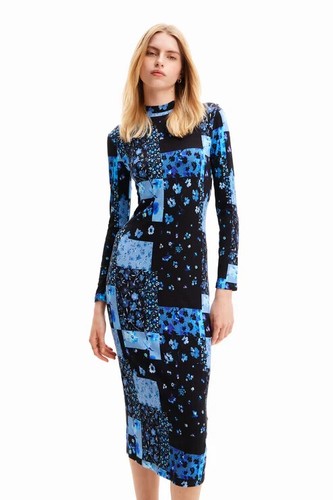 Desigual Floral Multi Blue Patchwork Ribbed Midi Dress Size XL $149