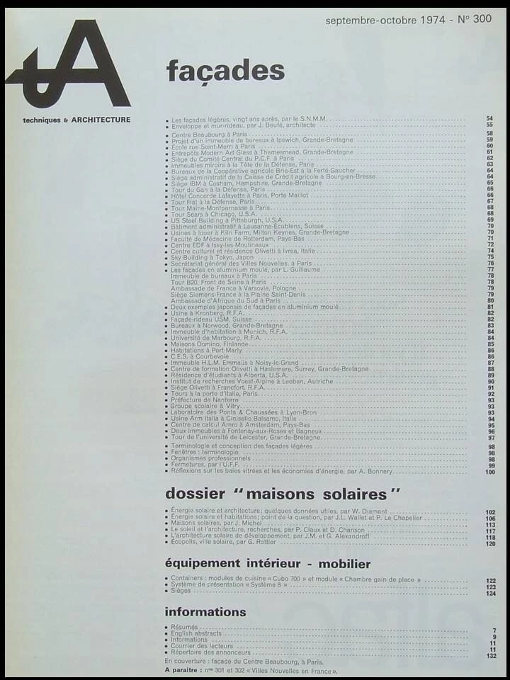 TECHNIQUES ET ARCHITECTURE n°300 1974 FACADES, Jean Prouvé, Zehrfuss, Foster - Photo 3/3