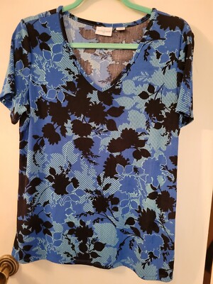 Jaclyn Smith Womens M T Shirt Top Floral Blue/Black Stretch Lightweight Non Iron