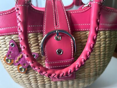 Coach Woven Straw/Wicker Dark Pink Leather Satchel Bag/Purse Coach Woven Straw/Wicker Dark Pink Leather Satchel Bag/Purse