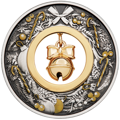 2022 CHRISTMAS $2 2oz Silver Antiqued Coin w/ Gilt Jingle Bell