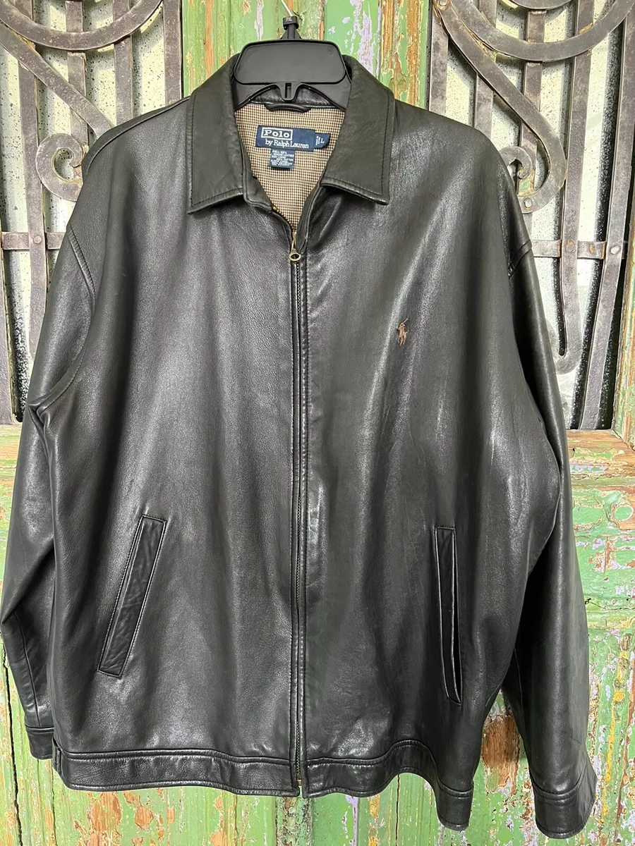 Ralph Lauren Polo Leather Jacket Size Large Houndstooth Lining