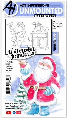 Art Impressions Watercolor Cling Clear Stamp Set Santa and Workshop