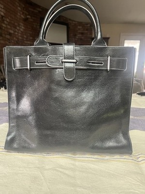Furla-Greta Tote In Black Leather Silver Toned Hardware And Belted Strap