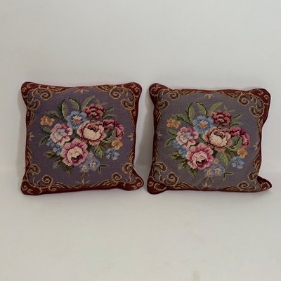 Vintage NEEDLEPOINT Wool Velvet Red Floral Accent Decorative Pillows Home Decor
