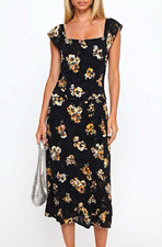Black Beige Floral Satin Slip Midi Dress Square Neck Cap Sleeve Slit Sz S Zip
