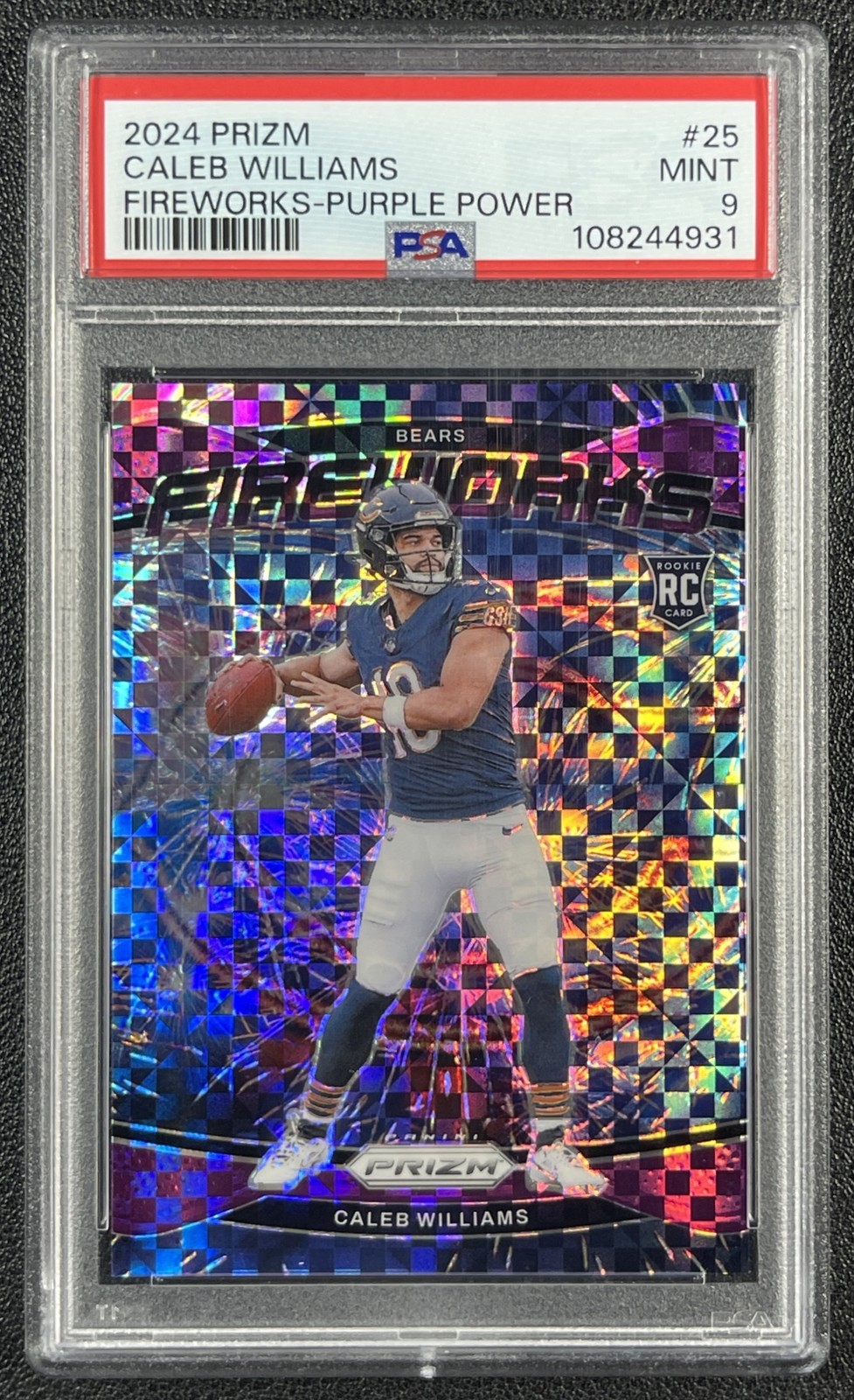 CALEB WILLIAMS PSA 9 2024 PANINI PRIZM #25 ROOKIE FIREWORKS PURPLE POWER RC 2/49