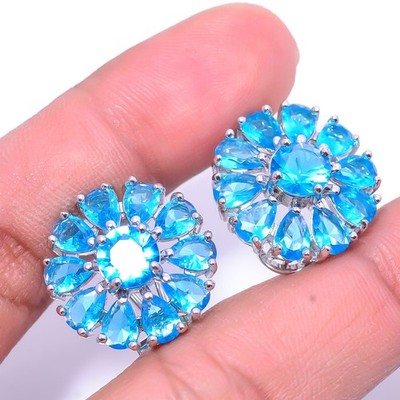 Blue Topaz Gemstone 925 Sterling Silver Flower Handmade Earring 0.78'' E13