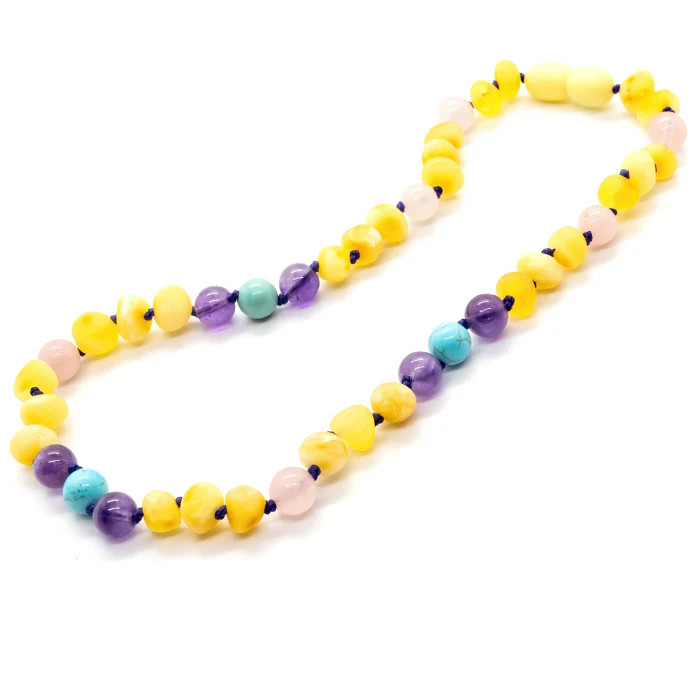 Raw Baltic Amber Necklace 12.5 Inch with Milk Lemon Pink Rose Amethyst Turquoise