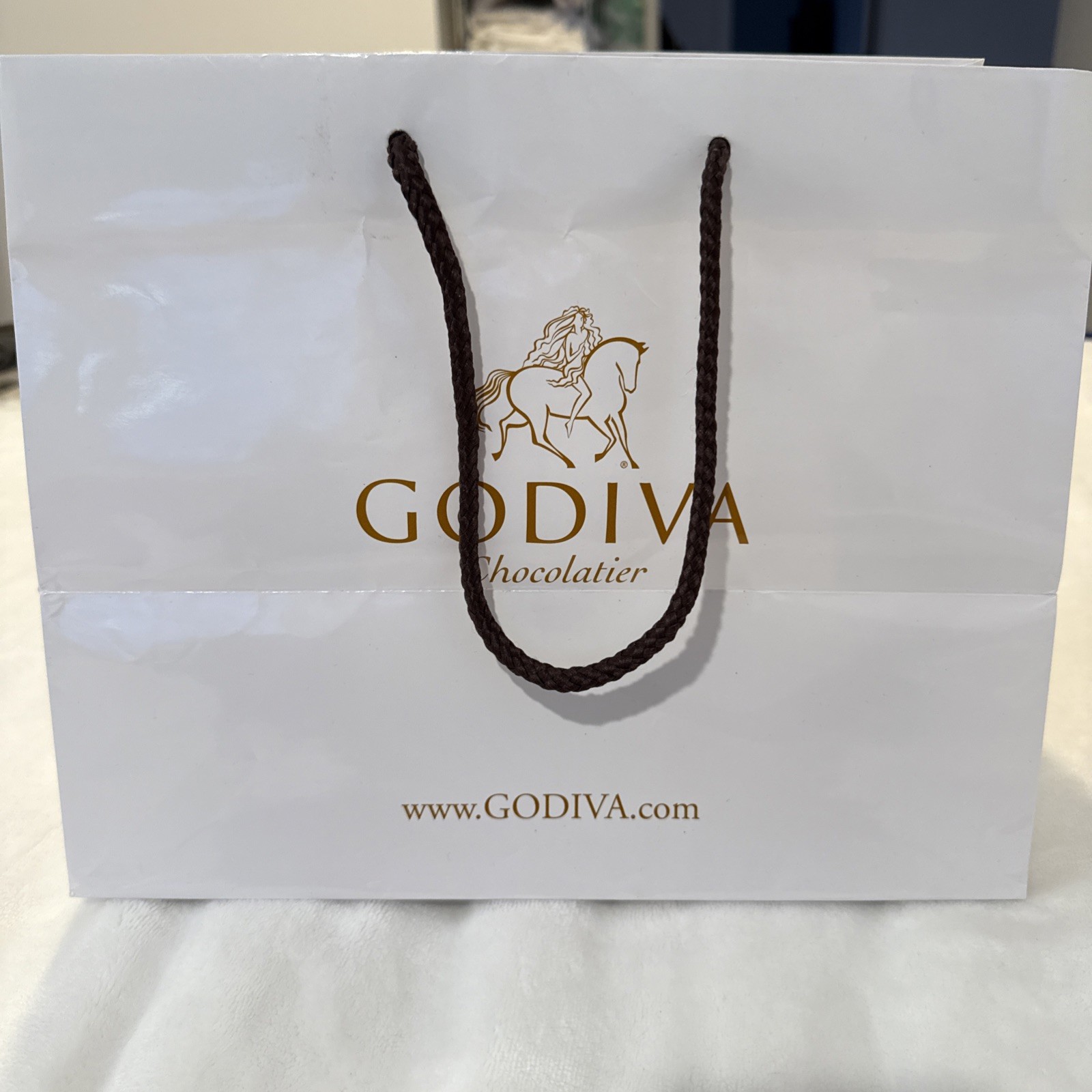 White Godiva chocolatier paper bag With Brown Straps