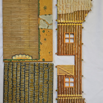 Vintage 1950s Marx Fort Dearborn tin lithograph log cabin
