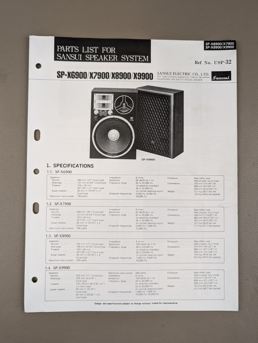 Sansui SP-X6900/X7900/X8900/X9900 Parts List For Speaker System D