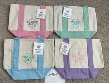 NWT TRADER JOE'S MINI PASTEL CANVAS TOTE BAG~SET OF 4~BLUE, PINK, GREEN & PURPLE