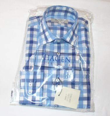NEW Hagen Button Sport Shirt CARMEL FIT Men's SMALL S Light Blue GINGHAM Check
