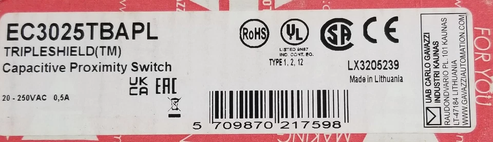 Carlo Gavazzi EC3025TBAPL Capacitive Proximity Switch TRIPLESHIELD 25mm NEW - Image 3 of 4