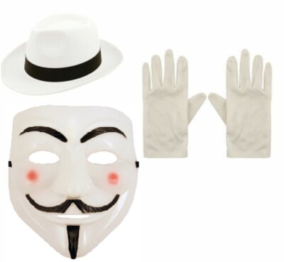 NEU ANONYME HACKER VENDETTA WEISSE GESICHTSMASKE SCHWARZ MÜTZE HANDSCHUHE MAGIE PARTY