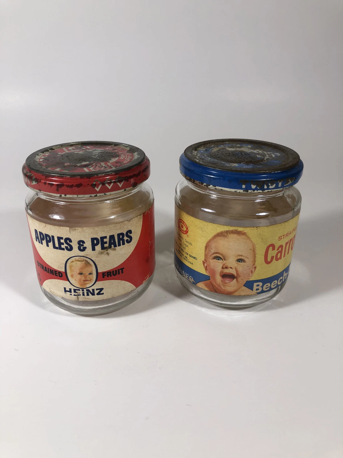 Vintage Beech-Nut Carrots and Heinz Apples and Pears Glass Baby Food Jars