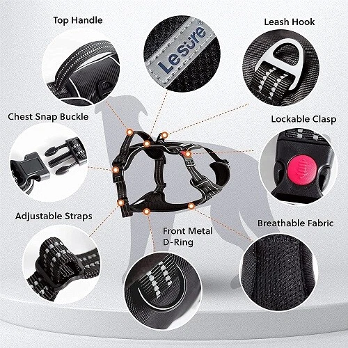 DOG HARNESS REFLECTIVE ADJUSTABLE DOG VEST with HANDLE Black Large 44-79 Pounds
