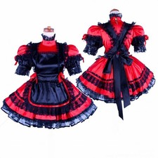 Girl Maid Sissy Red satin Lockable Dress Cosplay Costumes Tailor-made
