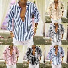 Mens Turn Down Collar Vintage Long Sleeve Shirt Stripe Pattern Casual Daily
