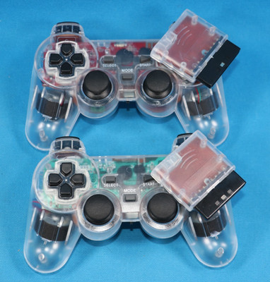 FOR PLAYSTATION 2 PS2 PS1 Dual Vibration WIRELESS Controller CLEAR  SET OF 2