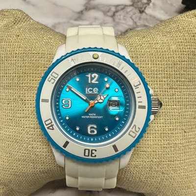 Ice Watch Men White Blue Date Window Silicone Band 36MM Round New Battery 9''