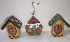 Vintage Wooden Bird House  Key Holder Wall Hanging Apple Motif, Hand Made 5 Pc 