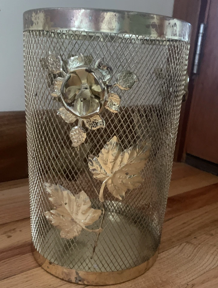 MCM Oro Latón Metal HOLLYWOOD REGENCIA Rnd BOTE DE BASURA Glam Rose Malla CESTA DE BASURA Foto 2 de 4