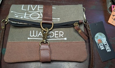 Mona B Upcycled Canvas Crossbody Bag Live, Love, Wander Boho, Vegan Leather