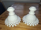 set of 2 Milk Glass Lattice Edge Candlesticks Vintage 4" Tall. W on the bottom