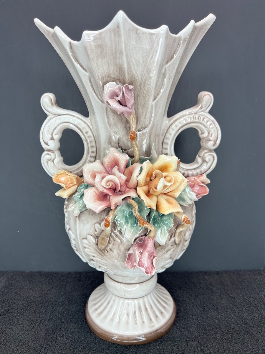 Vintage Large CAPODIMONTE Pink & Yellow ROSES Double Handle Urn