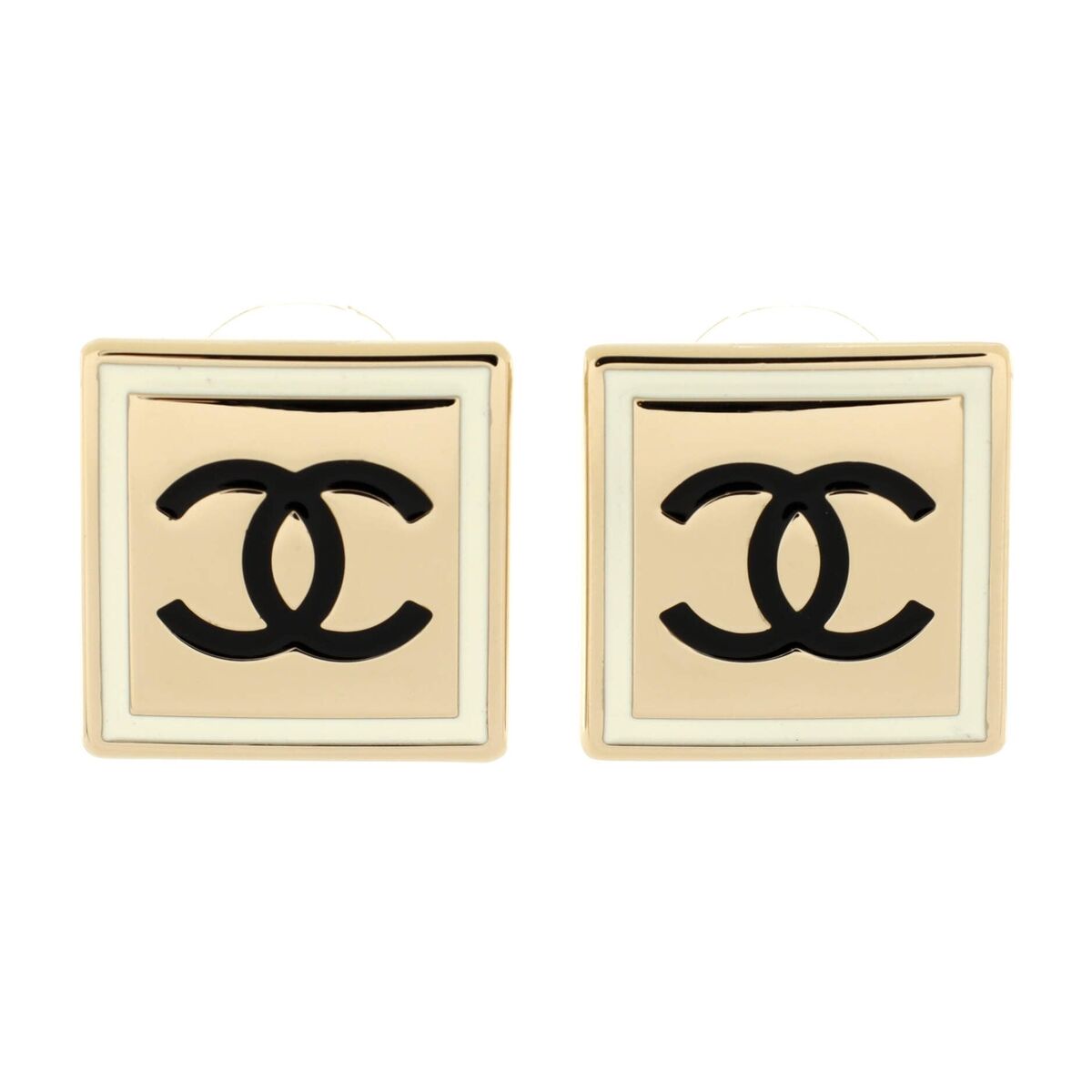 Chanel CC Square Stud Earrings Metal with Enamel Black, Gold, White