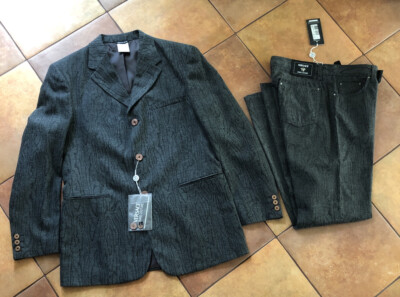 NWT Vintage Versace Jeans Coutur Men's Charcoal Wood Grain Print Two Button Suit