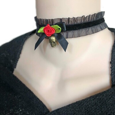 Handmade Skull and Red Rose Choker 3D Charm Stretch Velvet Ribbon Necklace