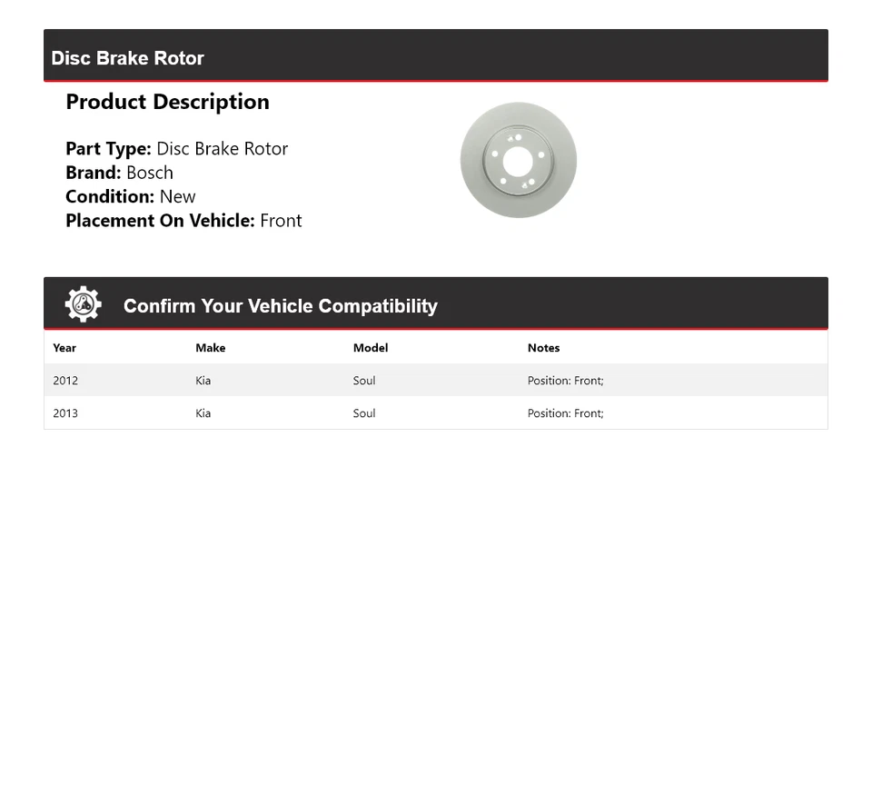 Rotor de freno de disco delantero QuietCast para Kia Soul Bosch 2012-2013 Foto 2 de 4