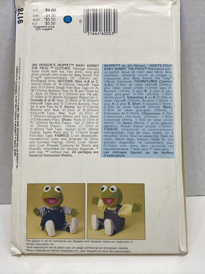 Vogue Sewing Pattern 8966 Kermit Muppet Babies Soft Sculpture Clothes Vtg UNCUT - Image 2 of 2