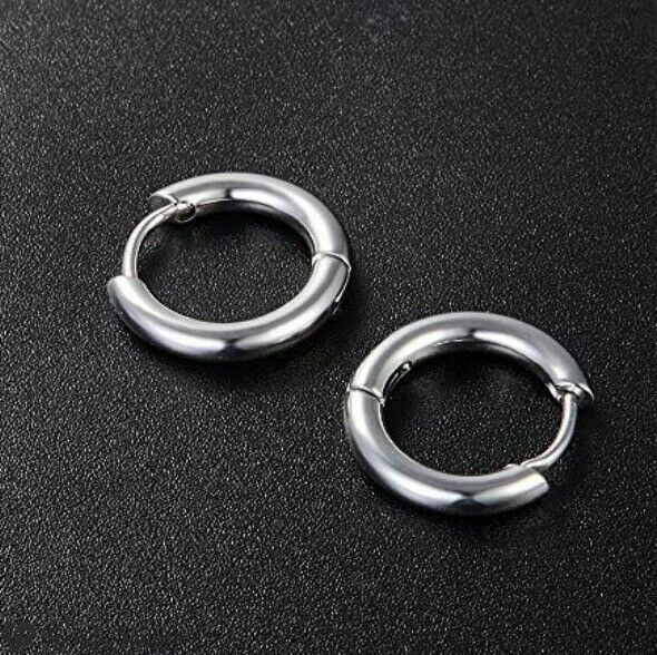 PAIR of 10mm Women Men Titanium Steel Silver Thick Huggie Endless