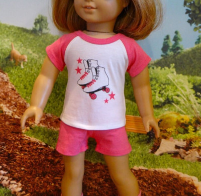 2pc PINK & WHITE ''Skates'' SHORTS & TOP fits 18'' AMERICAN GIRL DOLL CLOTHES